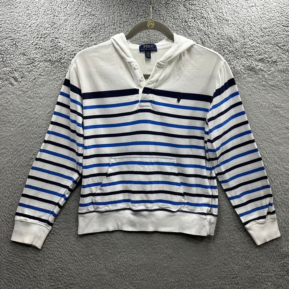 Polo Ralph Lauren Kids Large 14-16 Striped Hooded Henley Shirt White Blue EUC